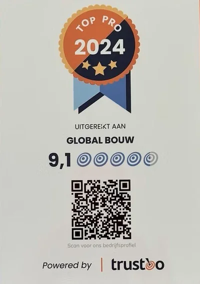 Trustoo Top Pro 2024 badge, uitgereikt aan Global Bouw met een 9,1